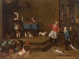 painting of a group of people in a room with a dog and a cat
