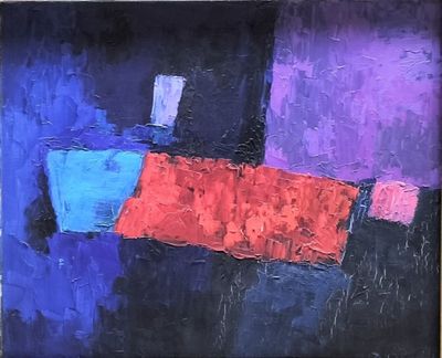 abstract painting of a red and blue rectangle on a black background