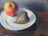 une peinture représentant deux poires et une pomme dans une assiette