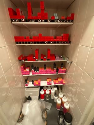 une petite salle de bains avec des toilettes et une étagère remplie de produits de beauté
