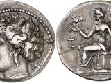 une pièce d'argent représentant une femme et un cheval