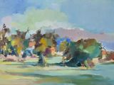une peinture à l'huile représentant un champ avec des arbres et une église au loin