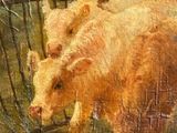 painting of a couple of cows standing next to each other in a field