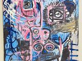 une image représentant une peinture sur un mur blanc, avec de la peinture bleue et rose