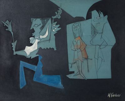 une image représentant un tableau où figurent un homme et une femme sur fond noir
