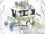a drawing of a horse pulling a carriage with a man on it
