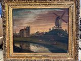 an oil painting of a windmill on a hill with a river in the foreground