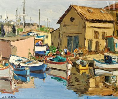 tableau représentant des bateaux dans un port, avec un bâtiment en arrière-plan