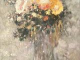 a painting of flowers in a vase on a table