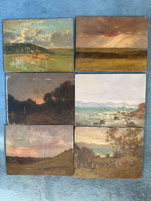 four paintings of a landscape are displayed on a blue surface