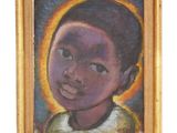 an oil painting of a young boy with a halo on his head