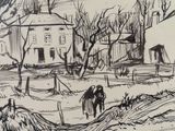 drawing of a couple of people walking in a field near a house