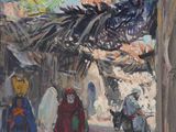 une peinture à l'huile représentant des personnes marchant dans une rue d'un village