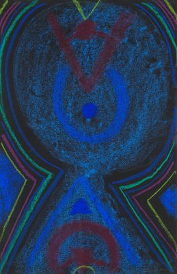 an abstract painting of a blue and red design on a black background