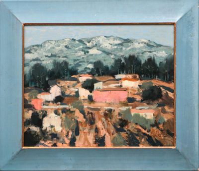 an image of a painting of a small town in the mountains