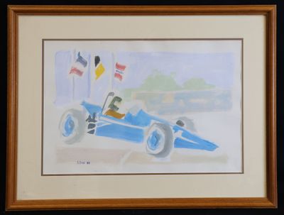 painting of a blue race car with a man in the cockpit
