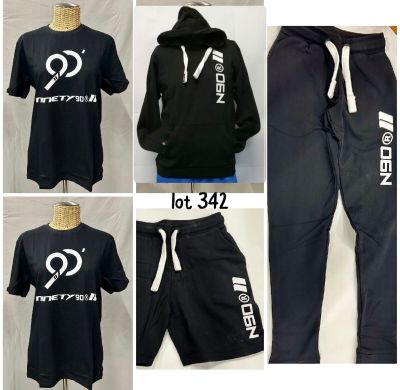 several pictures of a black hoodie and pants with a white logo on them