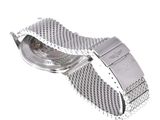 silver mesh watch band for a rolex watch on a white background
