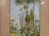 tableau représentant une scène champêtre avec des poules et des arbres dans un champ