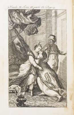 un vieux livre sur lequel figure le dessin d'un homme et d'une femme dans une pièce