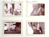four black and white photographs of a man and a woman in front of a house
