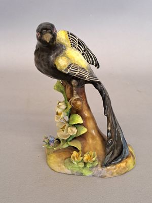 un oiseau jaune et noir perché sur une branche d'arbre ornée de fleurs
