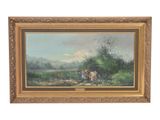 un tableau représentant un homme et un chien dans un champ