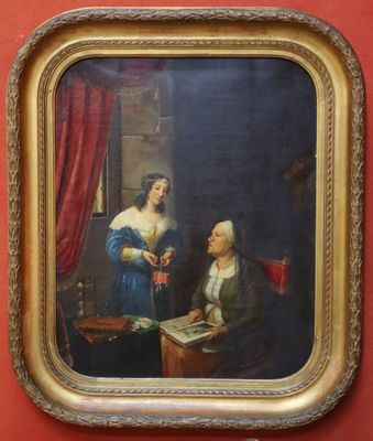 un vieux tableau représentant une femme et un homme assis à une table