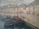 peinture de bateaux amarrés dans un port avec des bâtiments en arrière-plan