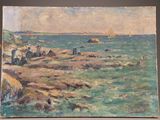 an image of a painting of a beach scene with a boat in the water
