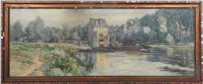 peinture d'une scène de rivière avec un château à l'arrière-plan