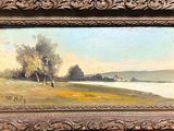 an oil painting of a landscape with trees and a river in the background