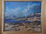 une peinture à l'huile représentant la vue d'une petite ville sur une plage rocheuse