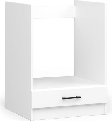 a close up of a white nightstand with a drawer underneath it