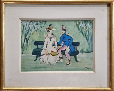 un tableau représentant deux personnes assises sur un banc