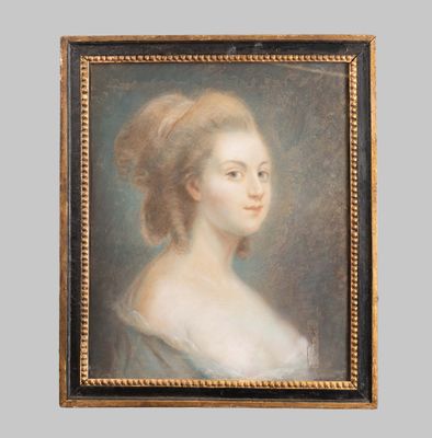 portrait of a lady in a blue dress by a gold frame