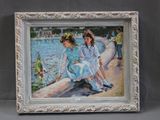 a painting of two girls sitting on a ledge by the water