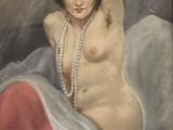 painting of a nude woman laying on a bed with a pearl necklace