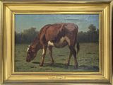 un tableau représentant une vache en train de brouter dans un champ