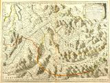 an old map of a mountain range with a red line in the middle
