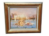 une peinture à l'huile d'une scène portuaire avec des bateaux dans l'eau