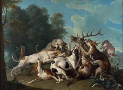 un tableau représentant un groupe de chiens en train de jouer ensemble