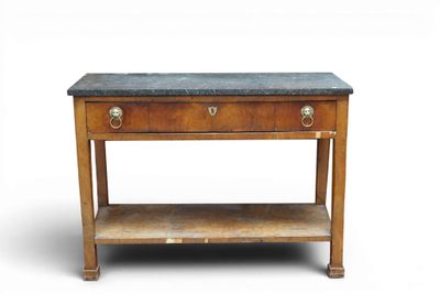 a wooden table with a marble top on a white background
