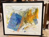 tableau représentant un poisson aux couleurs bleues, jaunes et orange, dans un cadre noir
