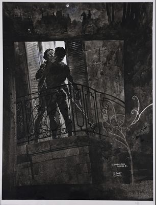 black and white photograph of a man and woman kissing on a balcony