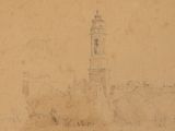 drawing of a tower with a clock on top of a building