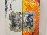 a painting on a easel with a picture of a fire hydrant in the background