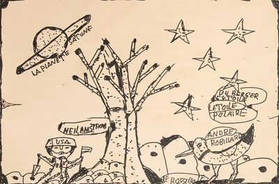 drawing of a cartoon of a man and a dog in a field