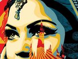 a poster of a woman with a fan in her hand and a clock tower in the background