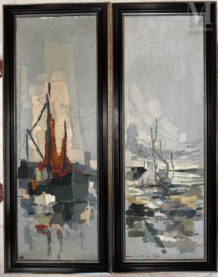 two paintings of boats are hanging on a wall in a room